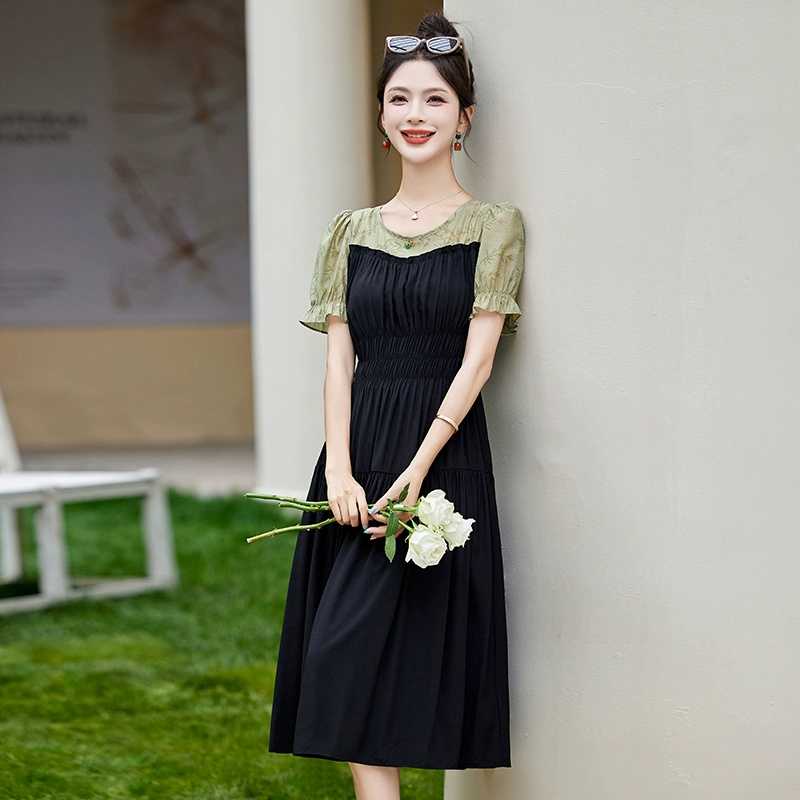 Printed splicing dress 2024 new summer style simple, fashionable and elegant mid-length short-sleeved A-line skirt - Image 3