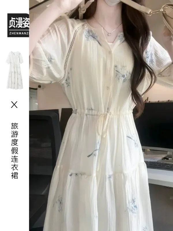 French white floral dress for women summer 2024 new style temperament waist slimming seaside vacation beach long dress