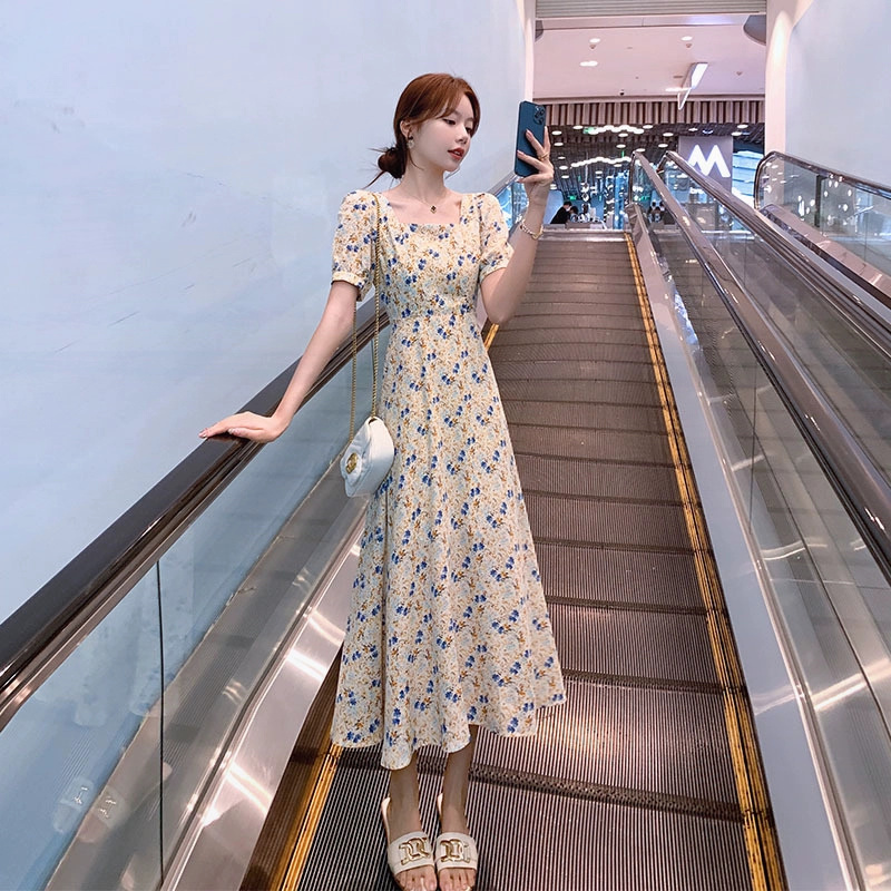 Floral dress for women summer 2024 new style French retro gentle style slim waist chiffon long skirt over the knee skirt - Image 3