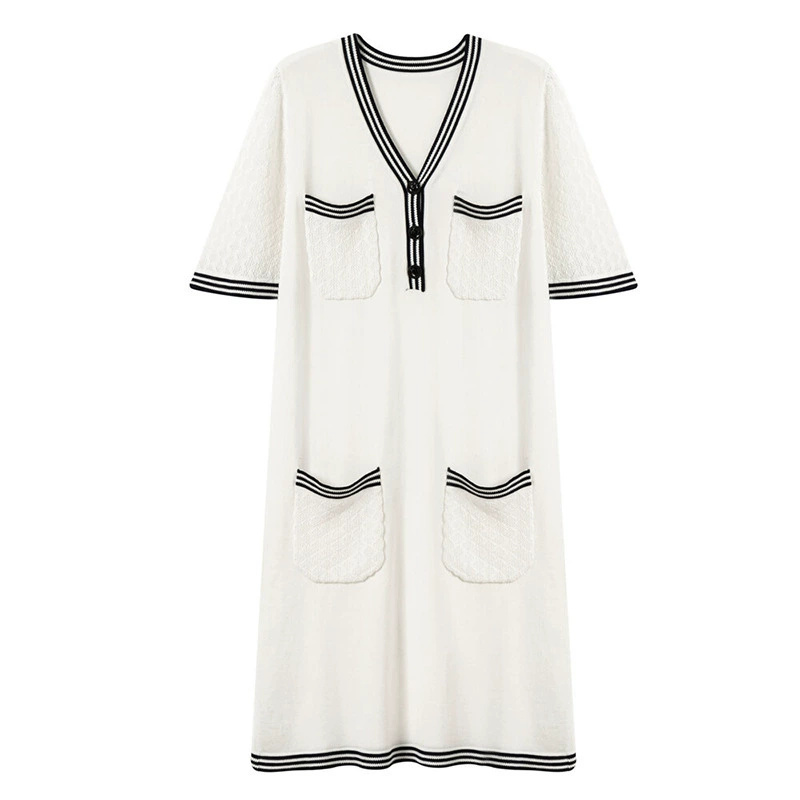 [Xiaoxiang Loose Knitted Dress] New Summer Tencel French Hollow Off-White Long Dress - Image 5