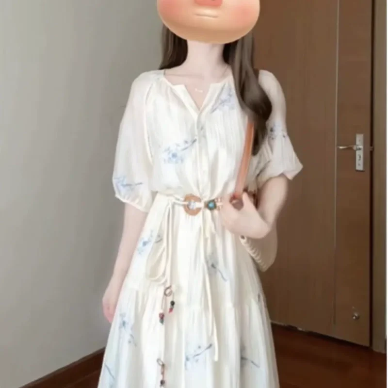 French gentle style floral dress for women in summer, waist-cinching short-sleeved tea break dress, unique, unique and high-end long skirt