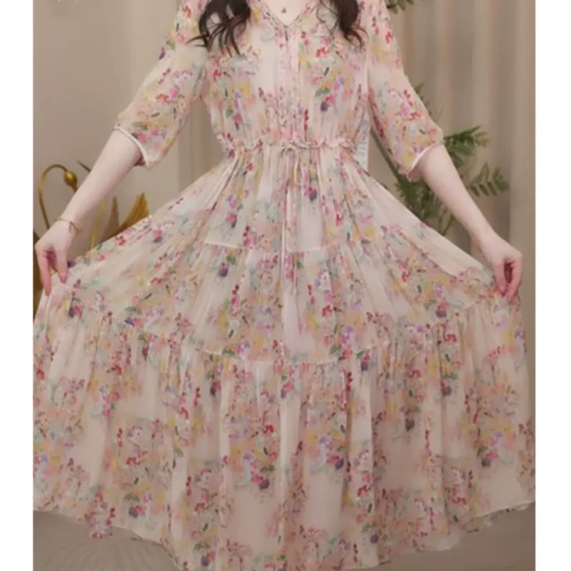 This year's popular beautiful skirts 2024 summer new women's floral heavyweight mulberry silk dress