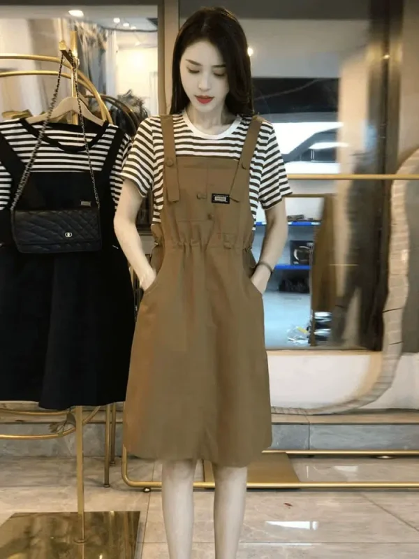 Fashion Casual Striped Skirt Women Summer 2024 New Suspender Skirt Plus Size Women's Small Midi Dress