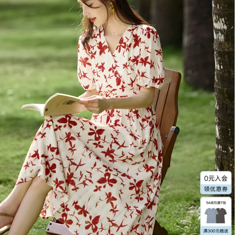 XWI/Xinwei French V-neck short-sleeved tea dress for women in summer with elegant temperament, slim waist and floral dress