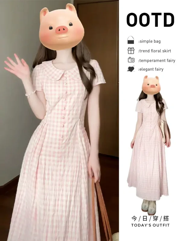 French pink plaid dress women's summer 2024 new style small waist slimming doll collar long skirt