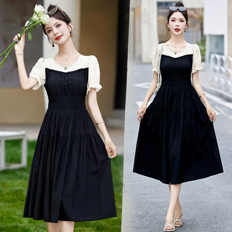 Printed splicing dress 2024 new summer style simple, fashionable and elegant mid-length short-sleeved A-line skirt - Image 2