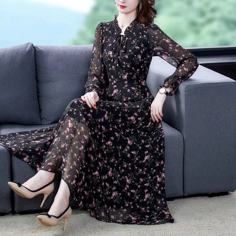 Chiffon shirt women's long-sleeved 2024 spring and summer new floral dress women's plus size fat MM age-reducing bottoming long skirt - Image 4
