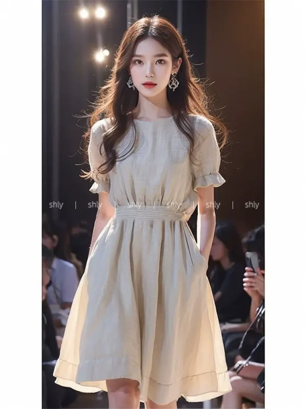 A tall and elegant apricot linen dress for small people, women's 2024 new summer light luxury and high-end feel