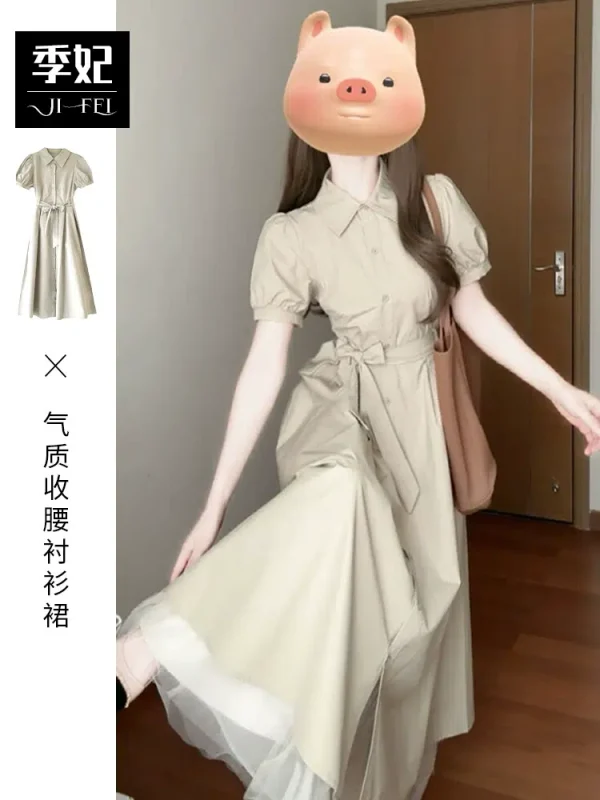 High-end French shirt dress for women summer 2024 new style simple, elegant, decent, waist-cinching and temperament long skirt