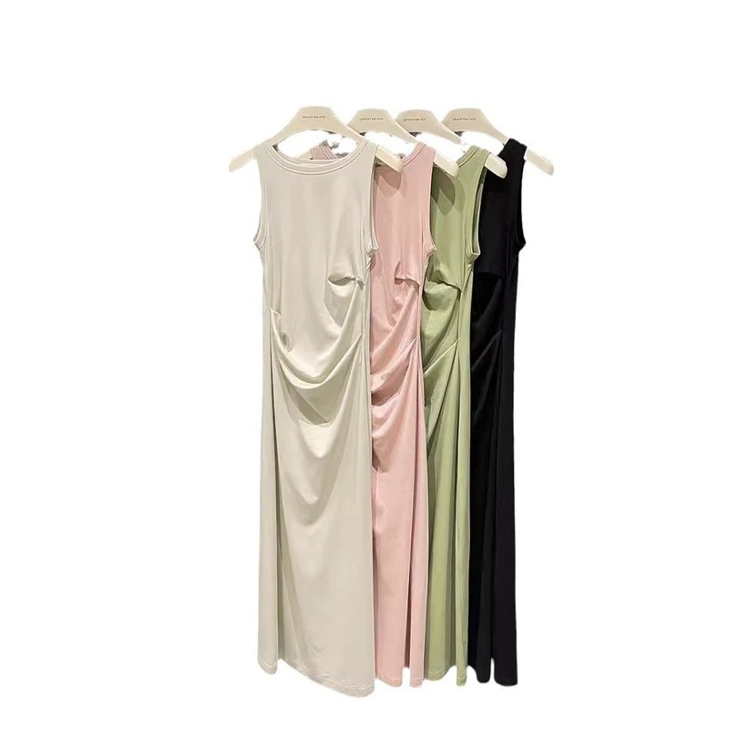 2024 new summer women's long skirt slimming pleated sleeveless waist simple vest dress - Image 5