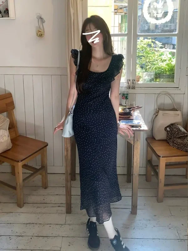 2024 new French style small flying sleeves polka dot floral dress women's summer small temperament high-end long skirt
