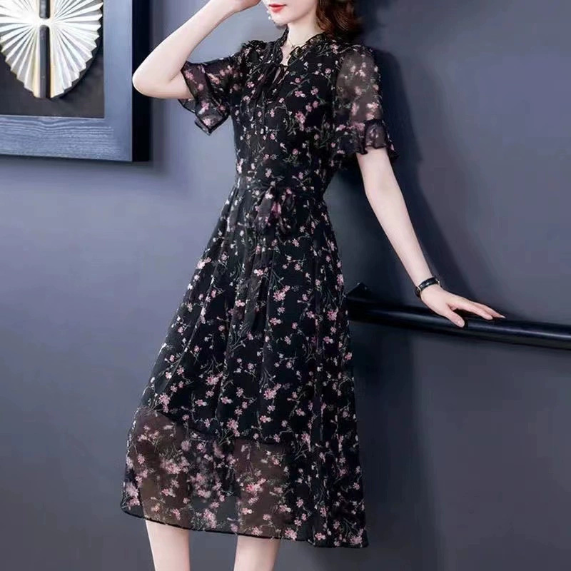Chiffon shirt women's long-sleeved 2024 spring and summer new floral dress women's plus size fat MM age-reducing bottoming long skirt - Image 3