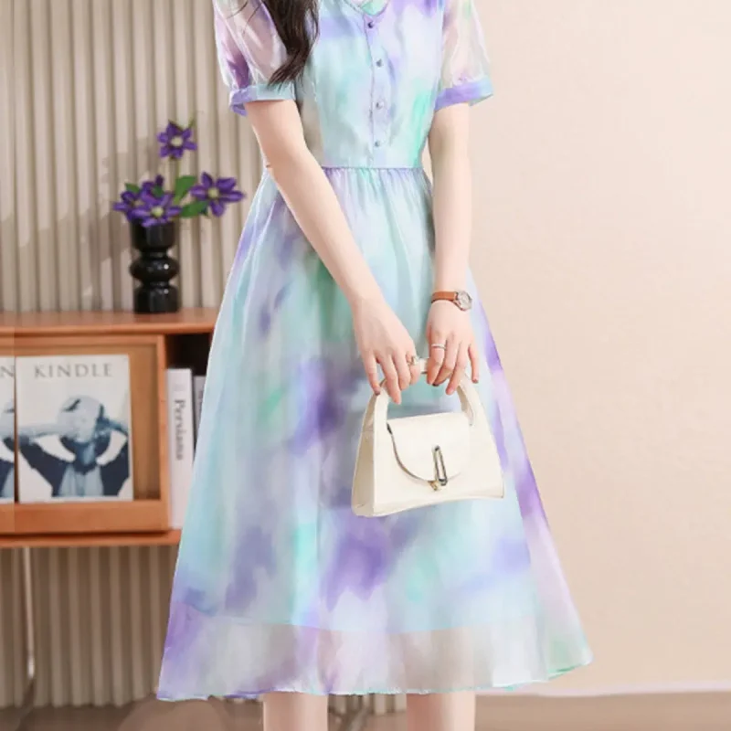 Tyndall dress printed gradient chiffon 2024 new summer fashion temperament puff sleeves age-reducing mid-length skirt