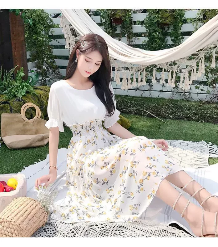 Chiffon floral dress summer spring 2023 new style waist slimming skirt fairy super fairy style
