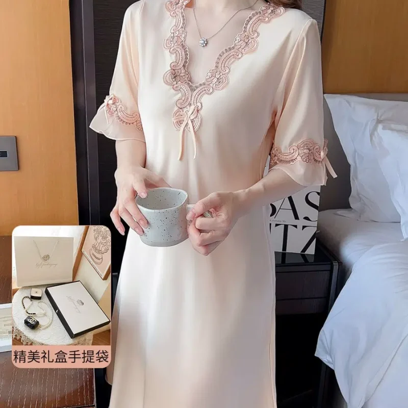 Pajamas for women summer silk thin ice silk short-sleeved lace sexy silk loose large size nightgown summer home wear