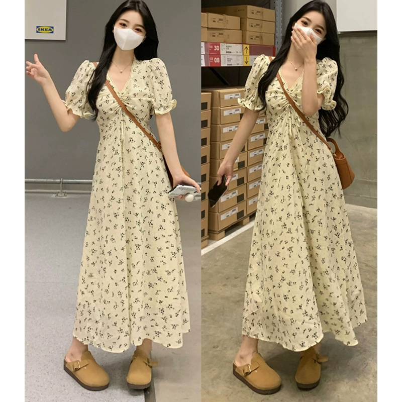 Plus size women's chiffon V-neck floral dress women's summer new fat mm slimming belly-covering a-line skirt long skirt