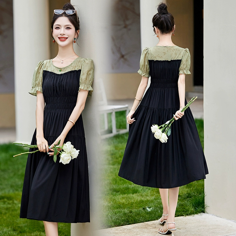 Printed splicing dress 2024 new summer style simple, fashionable and elegant mid-length short-sleeved A-line skirt