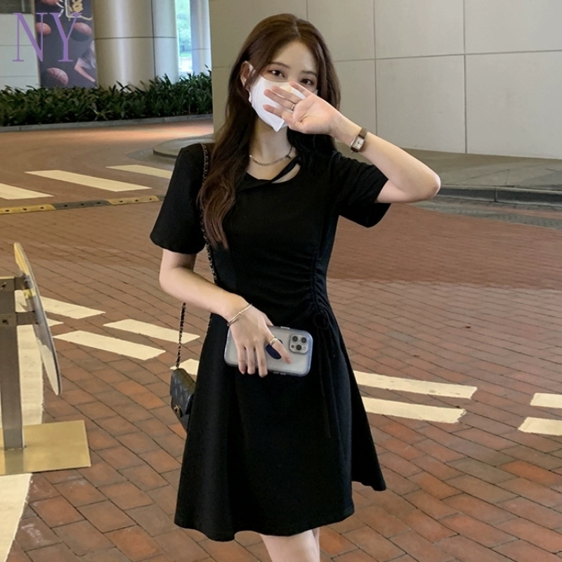 Black dress for women 2024 summer new style small drawstring slimming temperament slim Hepburn style short skirt - Image 2