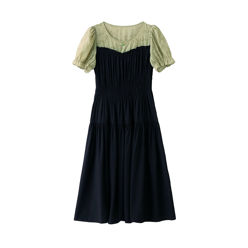Printed splicing dress 2024 new summer style simple, fashionable and elegant mid-length short-sleeved A-line skirt - Image 5