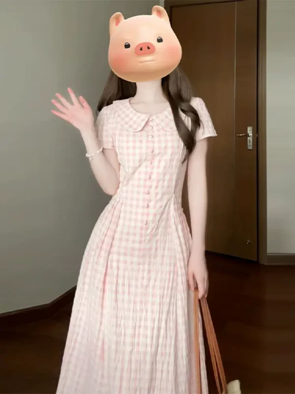 Gentle pink French plaid doll collar dress for women summer 2024 new temperament slim waist long dress