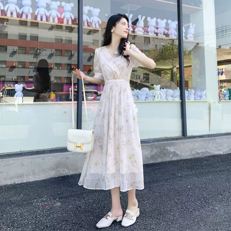 Gentle style floral dress women's summer 2024 new tea break French style high-end slim v-neck long skirt - Image 5