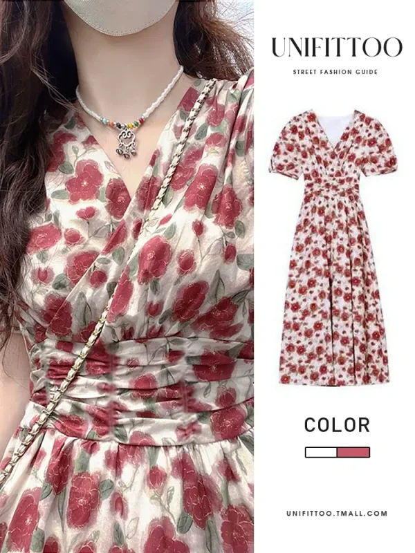 French red floral dress for women 2024 new summer style simple and elegant puff sleeve temperament long dress