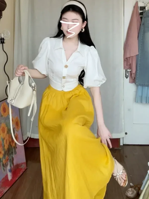 French white shirt dress women's summer 2024 new salt style light and mature temperament wear suit long skirt