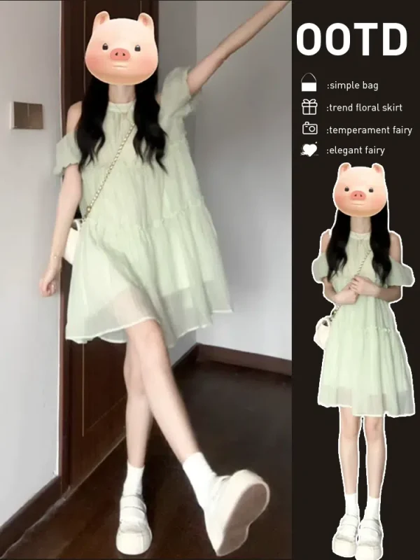 Tea break French style petite super nice green dress for women summer niche design temperament fairy princess dress