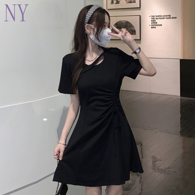 Black dress for women 2024 summer new style small drawstring slimming temperament slim Hepburn style short skirt - Image 4