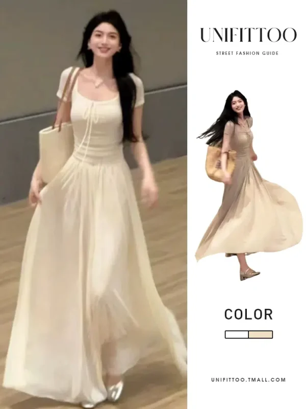 French white dress for women 2024 new summer small person simple and elegant decent waist long skirt