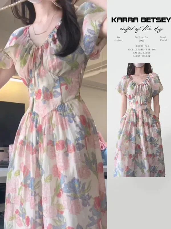 2024 New Tea Break French First Love Floral Dress Summer Women's Short Puff Sleeve Waist Long Dress