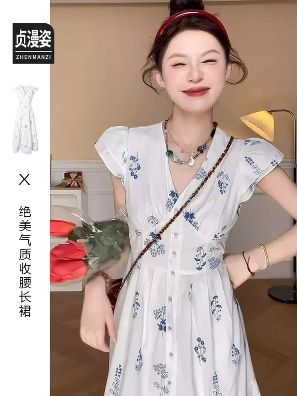 Xiao Fei Sleeve White V-neck Floral Dress Women's Summer 2024 New French Style Beautiful Temperament Waist Long Dress