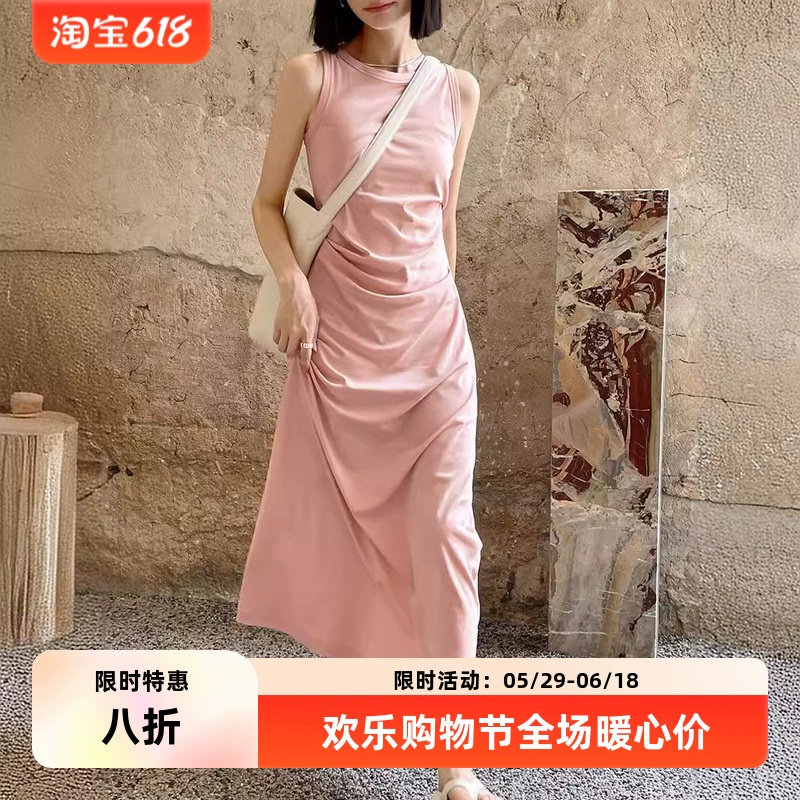 2024 new summer women's long skirt slimming pleated sleeveless waist simple vest dress