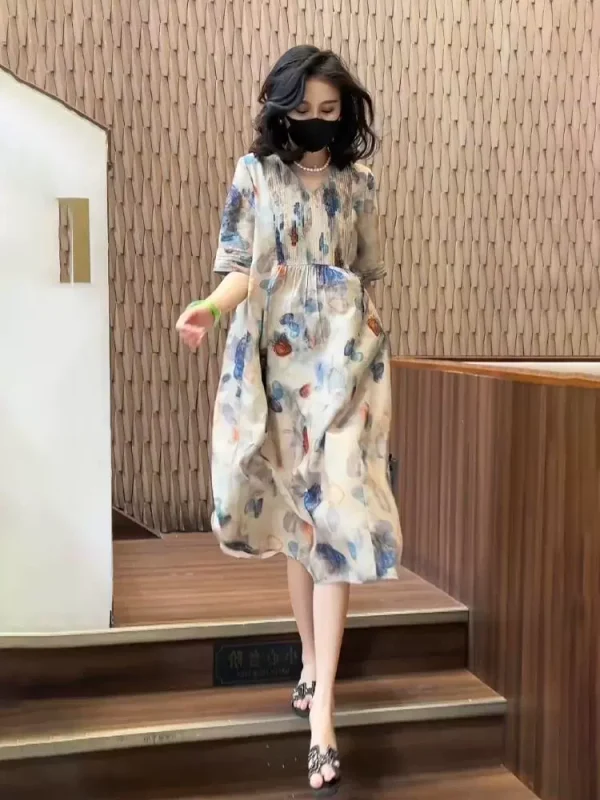 High-end temperament V-neck Tencel dress for women 2024 summer new loose French organ breathable long skirt