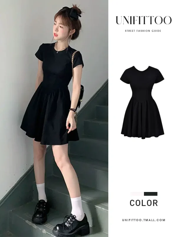 Slim-fitting waist French style black new dress women's 2024 summer small a-line skirt high-end