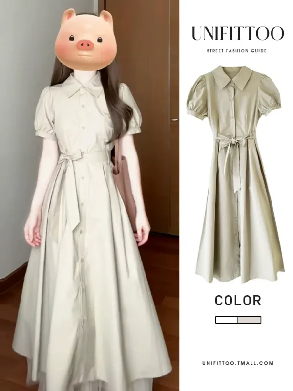 French green puff sleeve shirt dress for women 2024 summer new simple and elegant college style long skirt