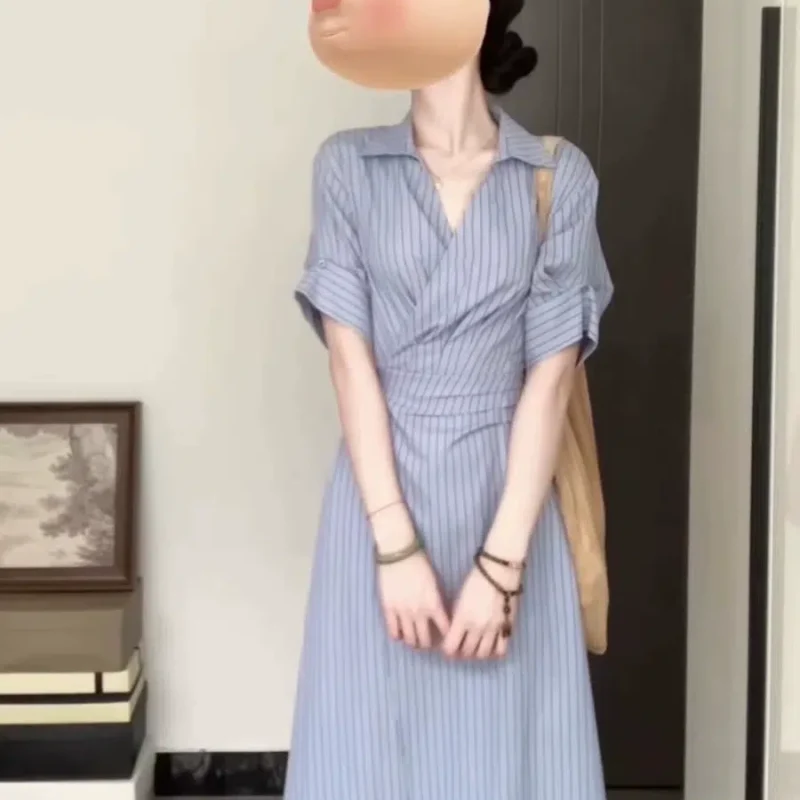 Plus size women's French retro striped shirt dress 2024 new women's summer fat mm waist slimming long skirt