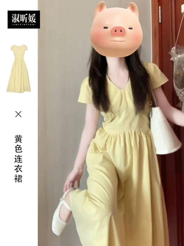 French yellow v-neck dress for women 2024 new summer small and super good-looking temperament long skirt with high-end feel
