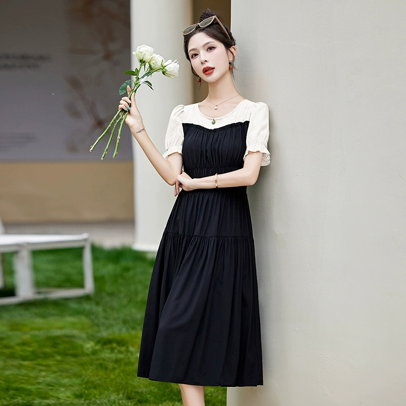 Printed splicing dress 2024 new summer style simple, fashionable and elegant mid-length short-sleeved A-line skirt - Image 4