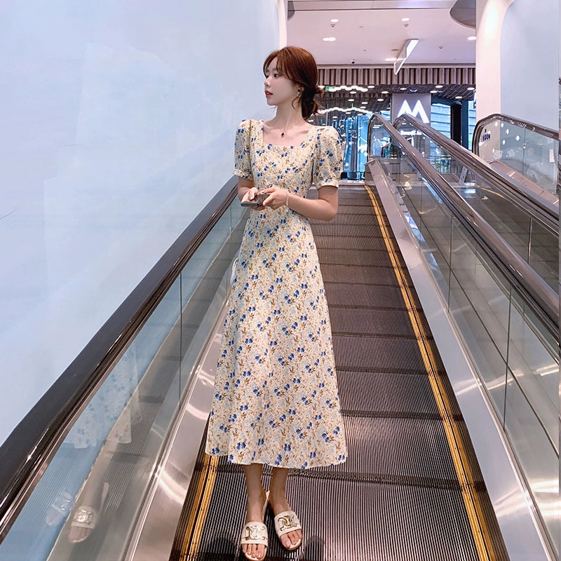 Floral dress for women summer 2024 new style French retro gentle style slim waist chiffon long skirt over the knee skirt - Image 4