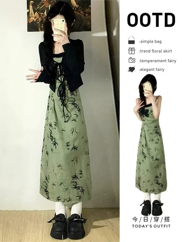 New Chinese style green suspender dress for women in summer, high-end, slim and Zen style floral long dress