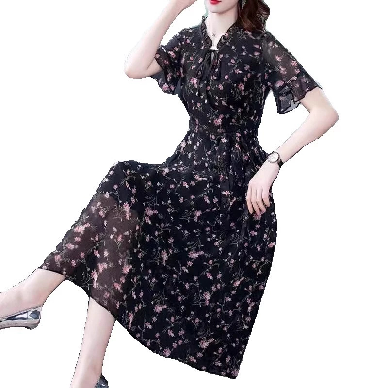 Chiffon shirt women's long-sleeved 2024 spring and summer new floral dress women's plus size fat MM age-reducing bottoming long skirt - Image 5