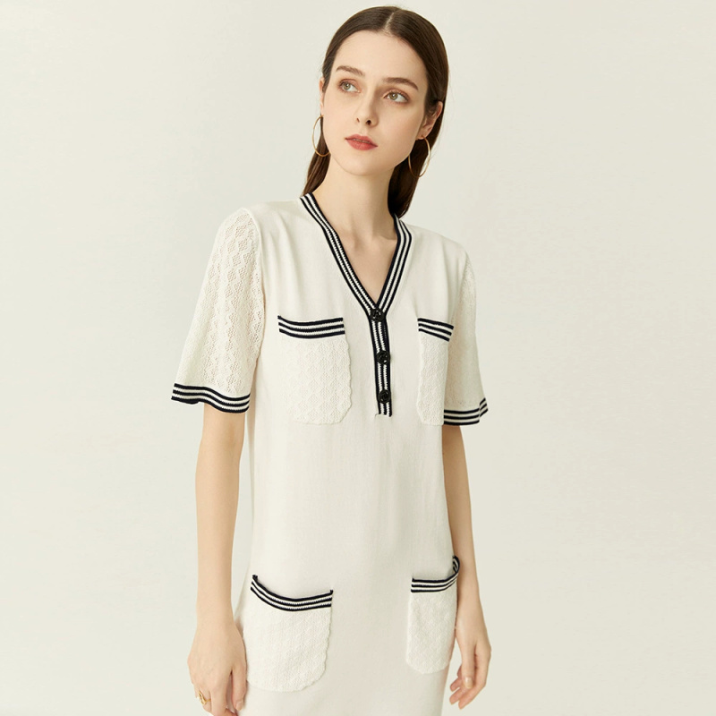[Xiaoxiang Loose Knitted Dress] New Summer Tencel French Hollow Off-White Long Dress