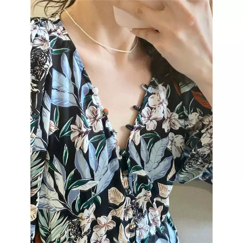 French floral long dress V-neck printed mid-sleeve high-waist jungle pattern waist-cut dress 24 summer new style - Image 2