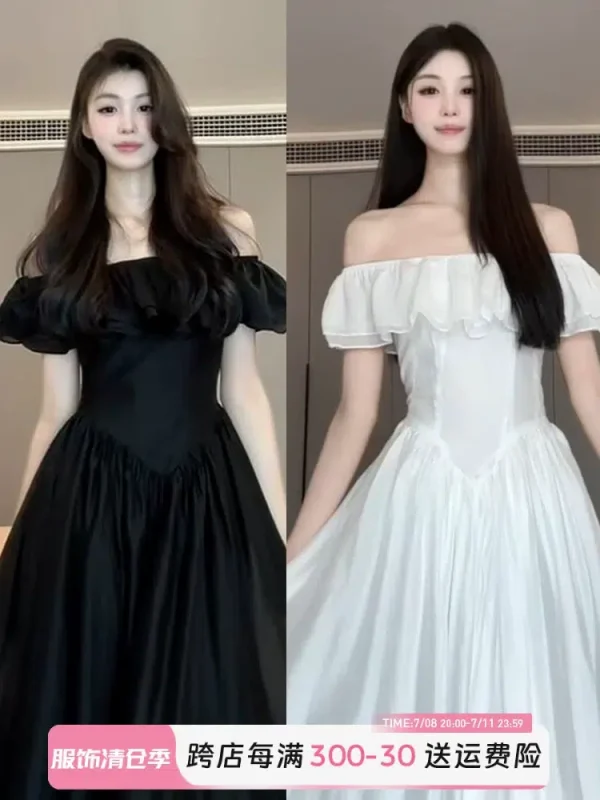 Beautiful off-shoulder long dress black one-shoulder dress women's summer 2024 new French little black dress