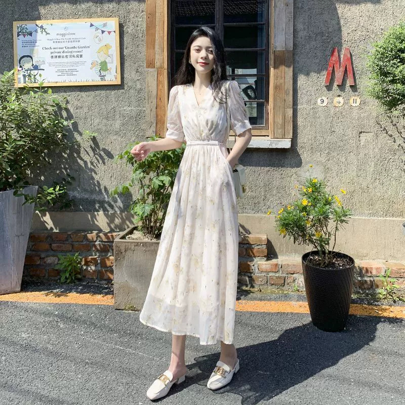 Gentle style floral dress women's summer 2024 new tea break French style high-end slim v-neck long skirt - Image 2