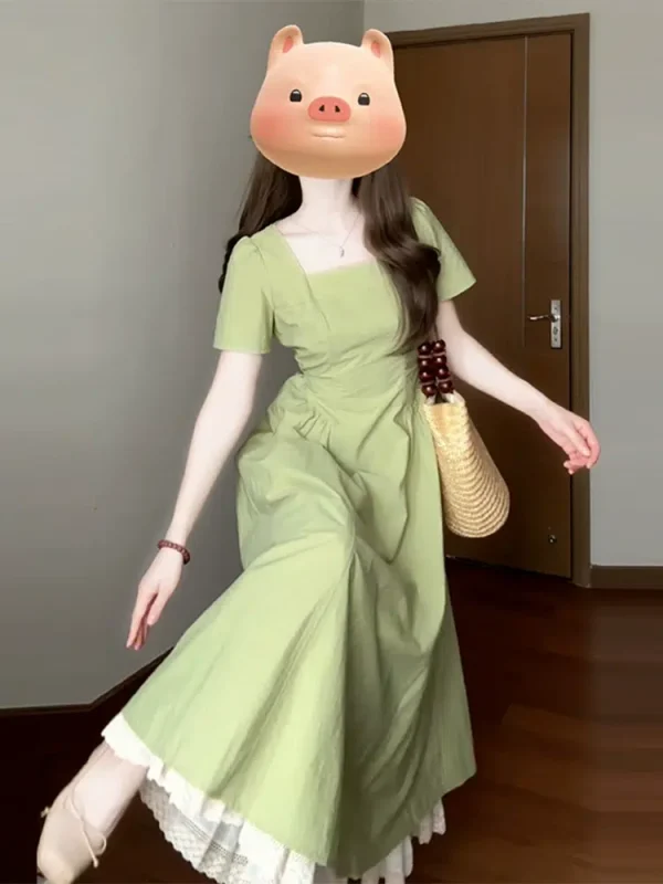 French green dress for women 2024 new summer small temperament beautiful waist slimming long skirt high-end