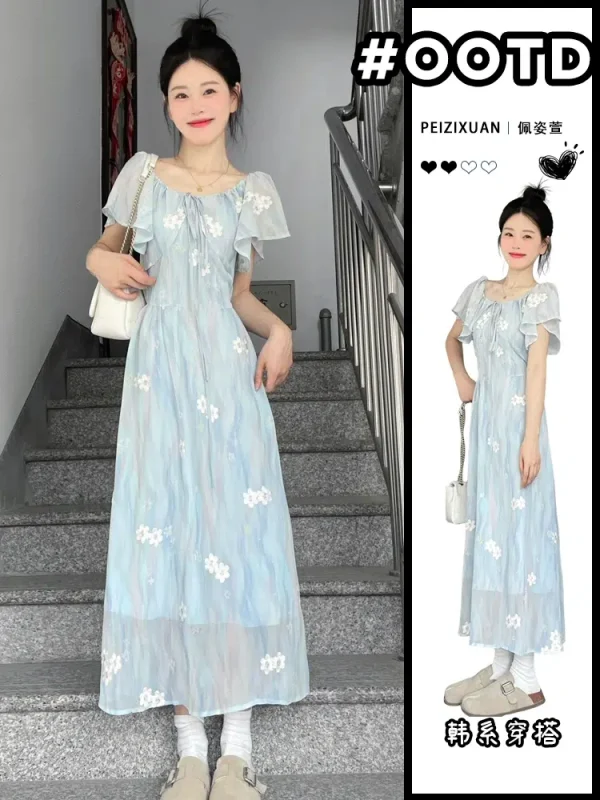 French blue floral dress for women summer 2024 new style small seaside vacation style waist long skirt