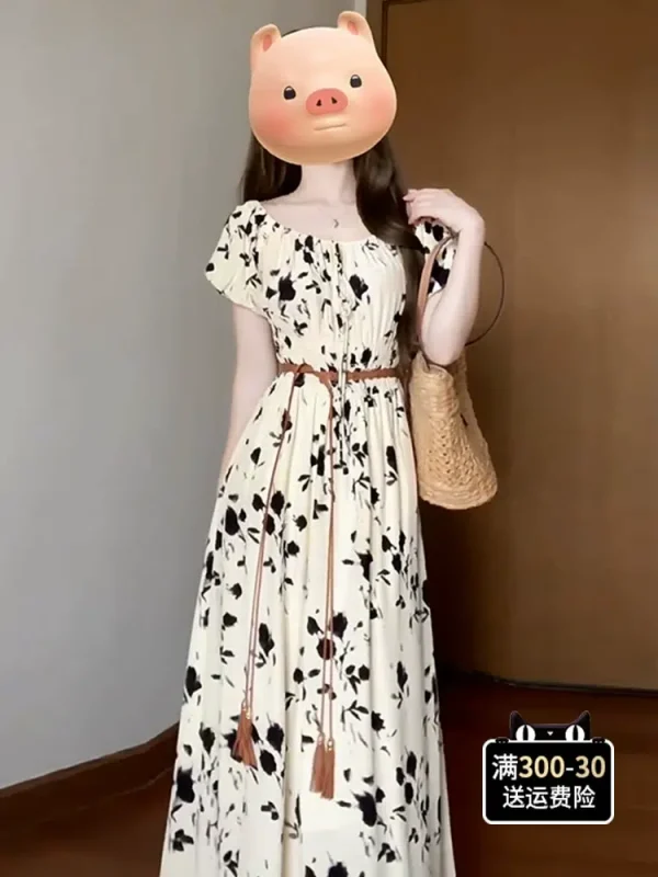New Chinese style retro floral dress for women summer 2024 new high-end exquisite tea break French style long dress