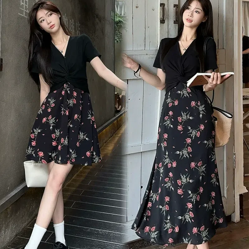 Plus size women's fake two-piece right shoulder slim waist floral dress summer fat MM temperament high-end tea break dress